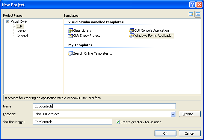 Creating a new Visual C++ .NET Windows Forms Application project, and name it CppControls