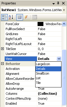 Setting the View property to Details to switch the control to Details view