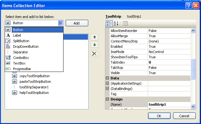 Using Items Collection Editor to add more controls to the ToolStrip