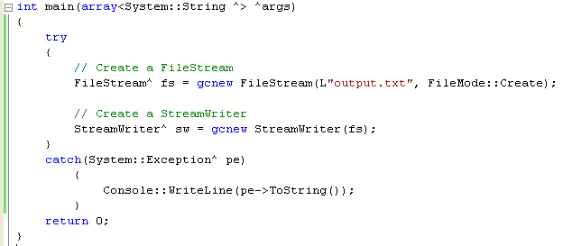 Creating a StreamWriter in the try block that uses the FileStream