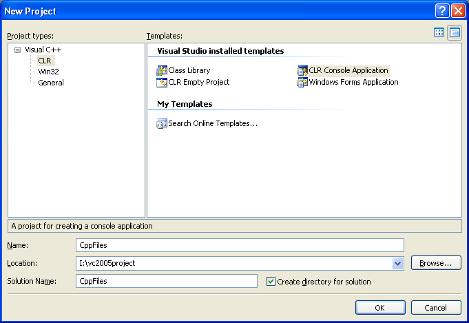 Creating a new Visual C++ CLR Console Application project named CppFiles