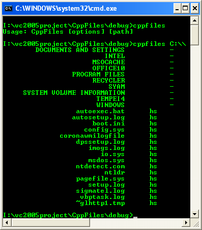 Visual C++ .NET program output example displaying files, directory information