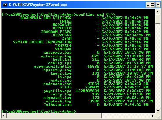 Another Visual C++ .NET program output example displaying files, directory information