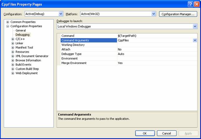 Setting a command-line arguments for the application in the VC++ .NET project property page