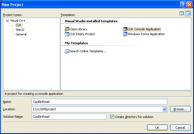 Creating a new Visual C++ CLR Console Application project named CppBinRead