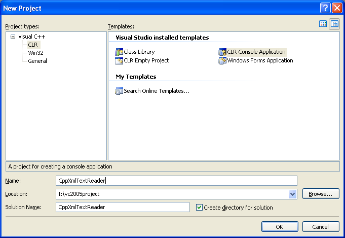 Creating a new Visual C++ CLR Console Application project named CppXmlTextReader