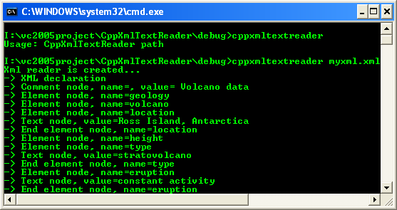 The XmlTextReader program output example