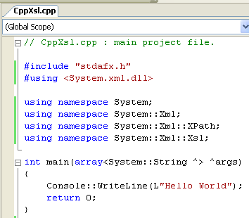 Adding related XML header files and namespaces to the top of CppXsl.cpp