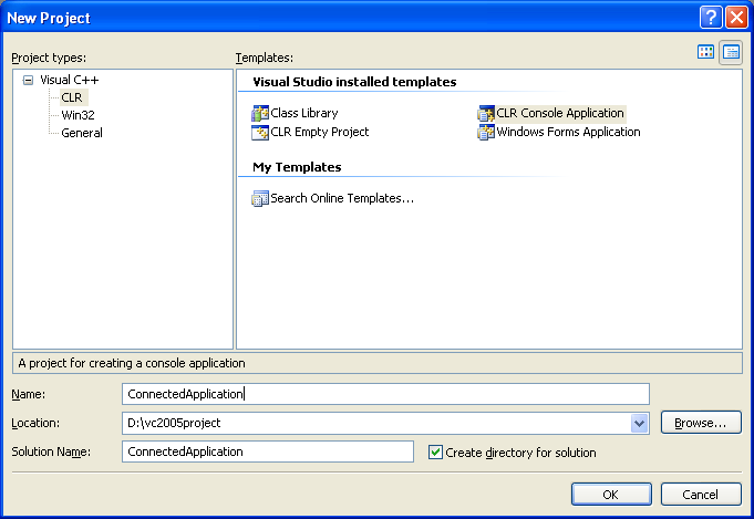 Creating a Visual C++ CLR Console Application project named ConnectedApplication