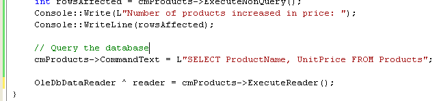 Adding code to execute the SQL statement and retrieve the results into an OleDbDataReader object