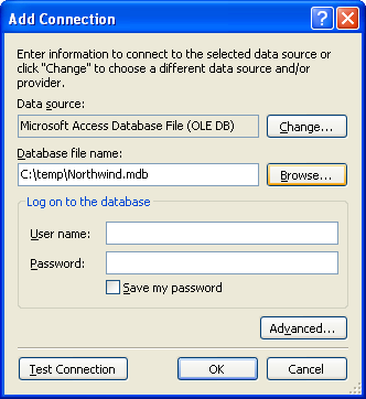 Adding database connection - setting the data source and the database file name - Northwind database