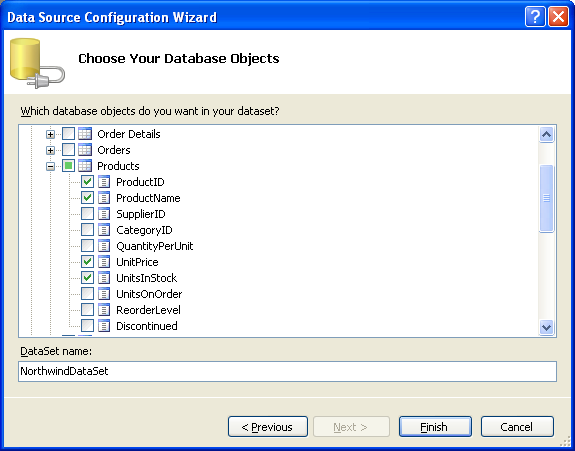 Choosing database objects - columns in the table