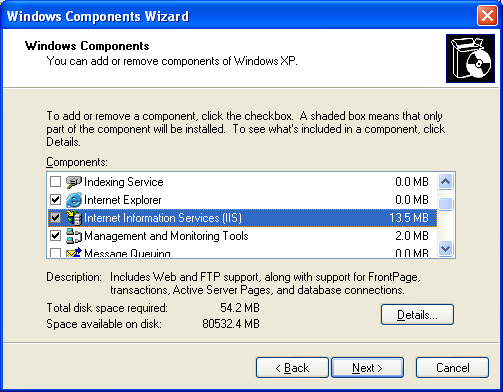 Adding IIS using Windows Components Wizard