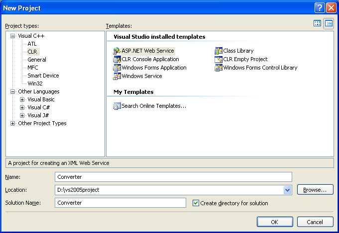 Creatinf a new CLR project, an ASP.NET Web service project named Converter