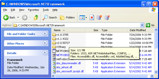 The .Net Framework folder. Notice the .Net versions, 1.0.x, 1.1.x and 2.0.x