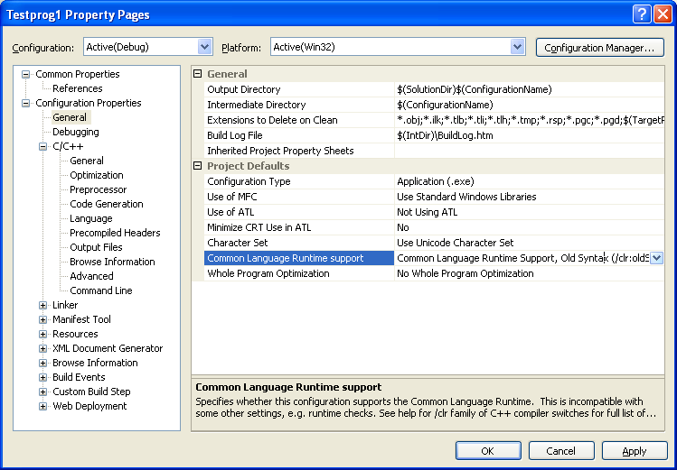 The /clr:OldSyntax option setting in the project property page of VC++ 2005 EE