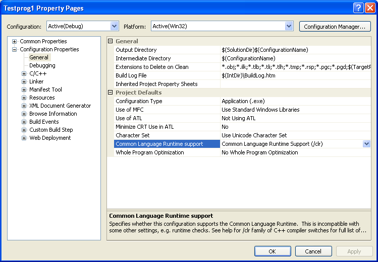 Setting the /clr option through the project property page of VC++ 2005