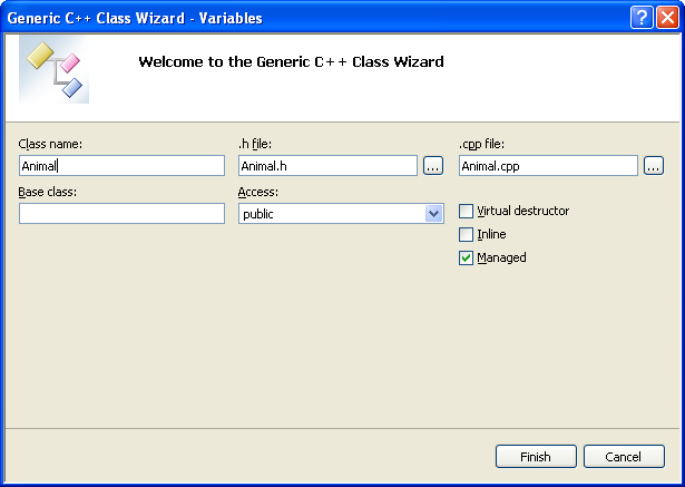 Generic C++ .Net class wizard page - entering class information