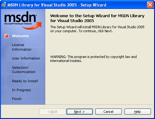 Setup wizard for MSDN library for Visual Studio 2005 page 1