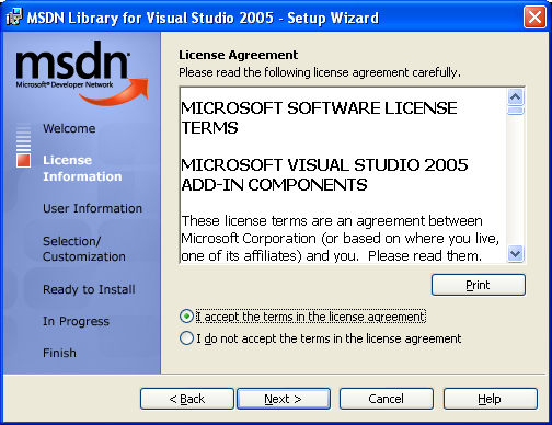 Setup wizard for MSDN library for Visual Studio 2005 page 2