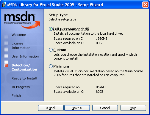 Setup wizard for MSDN library for Visual Studio 2005 page 4