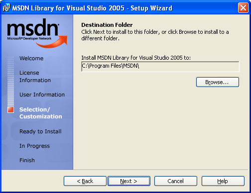 Setup wizard for MSDN library for Visual Studio 2005 page 5