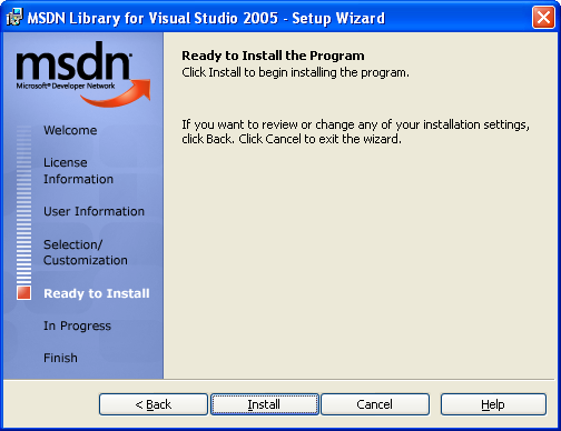 Setup wizard for MSDN library for Visual Studio 2005 page 6